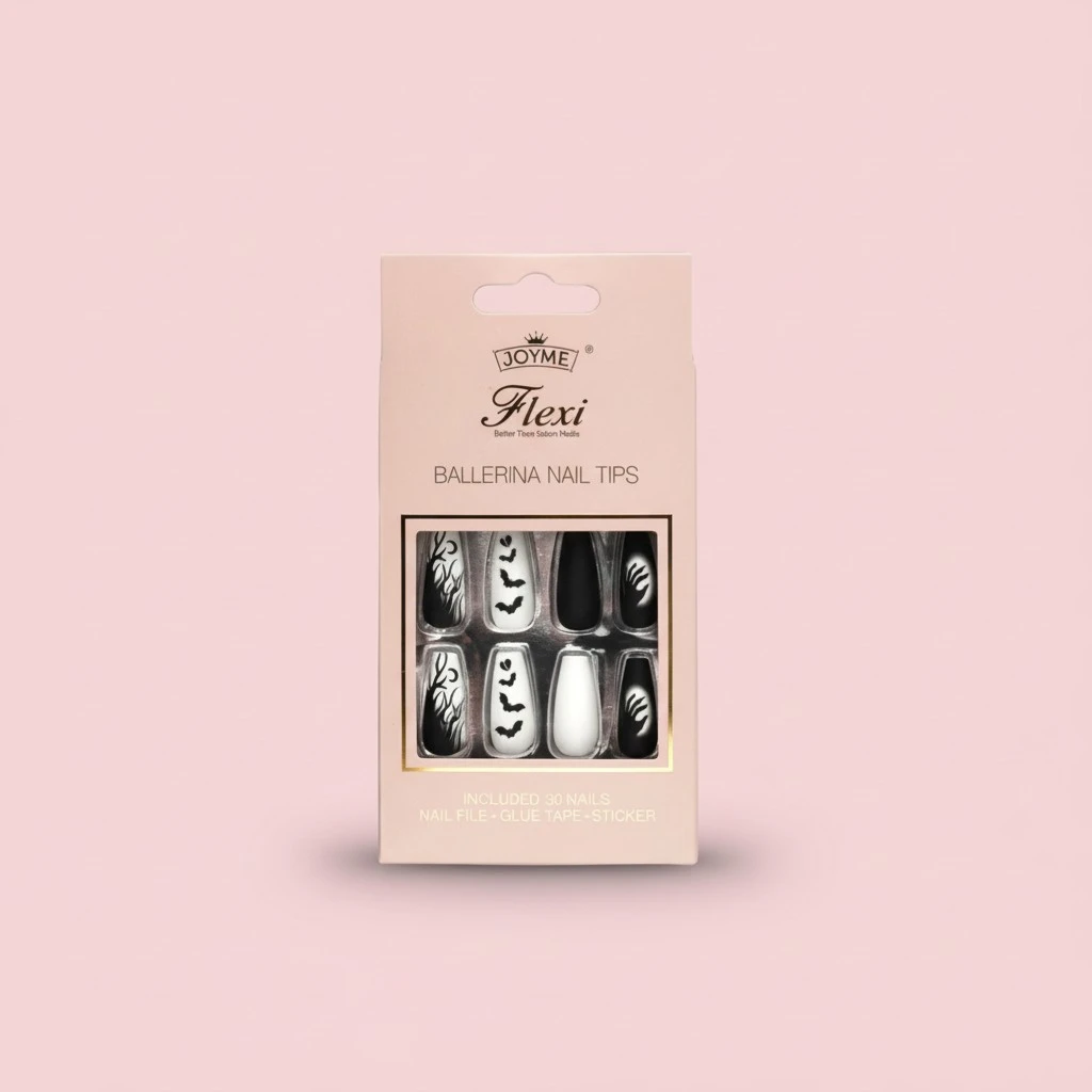 Halloween Press on Nails 30Pcs Long Fake Nails with Flame Bat Designs
