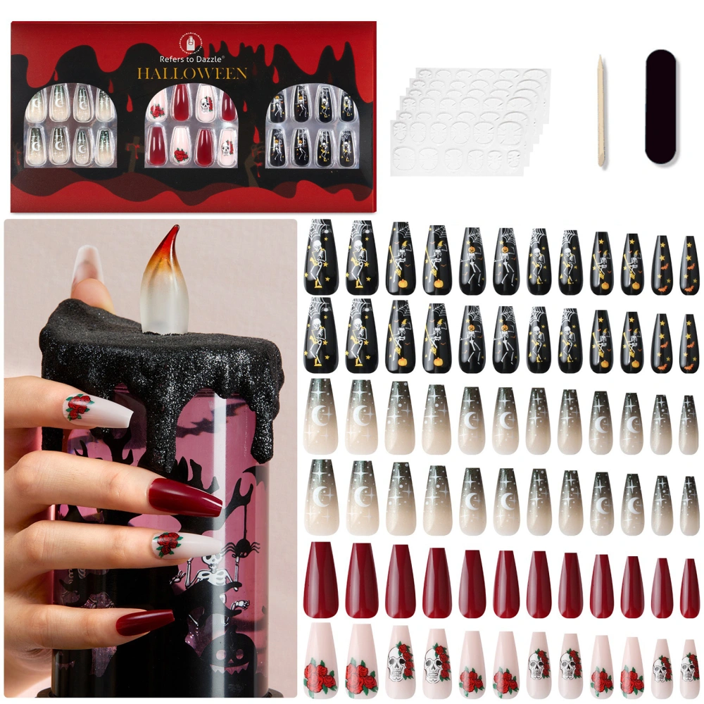 Women Halloween Fake Nails Goth Skull Pattern 72Pcs False Nail Tips