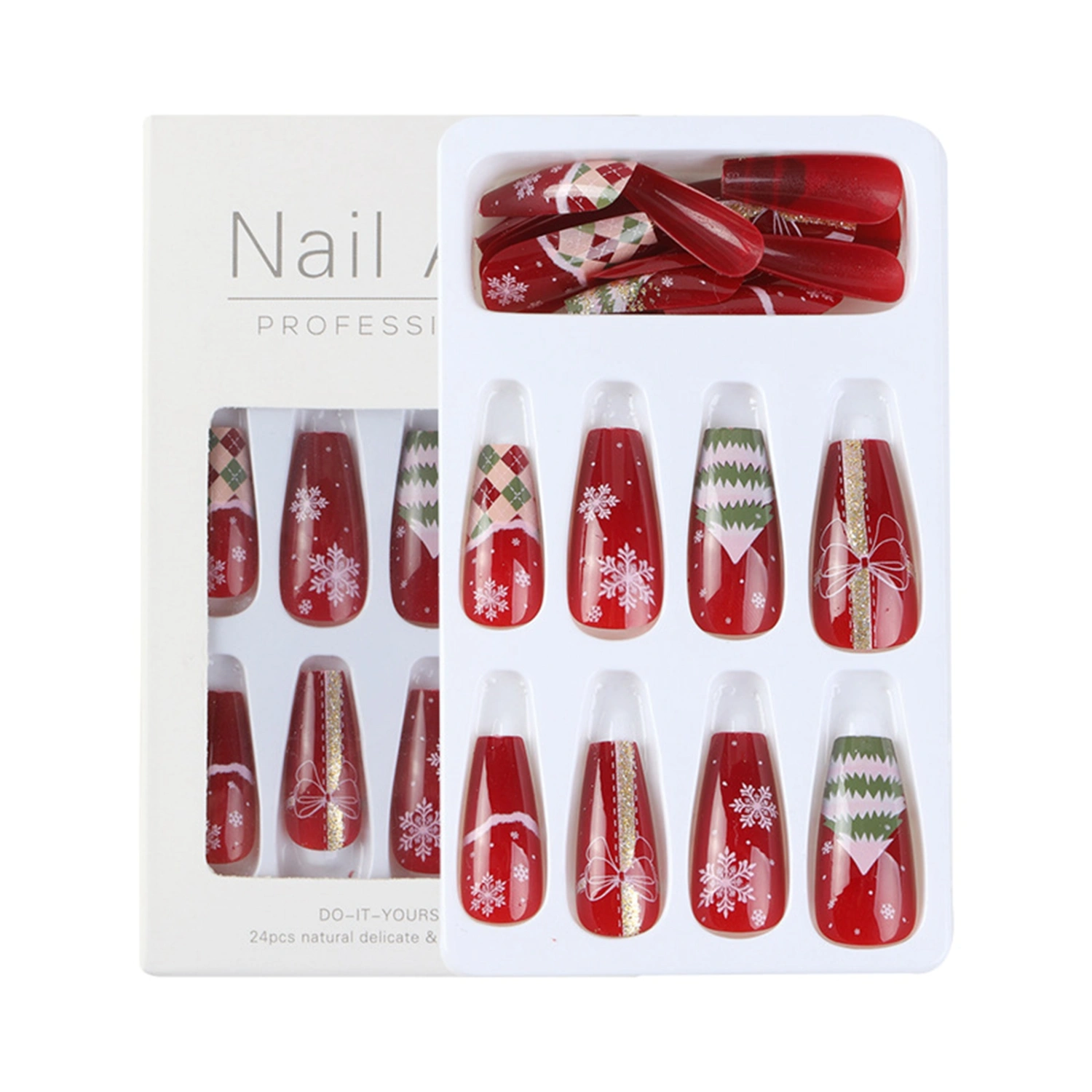 24 Pcs Christmas Press on Nails Cartoon Snowflake Print False Nails 