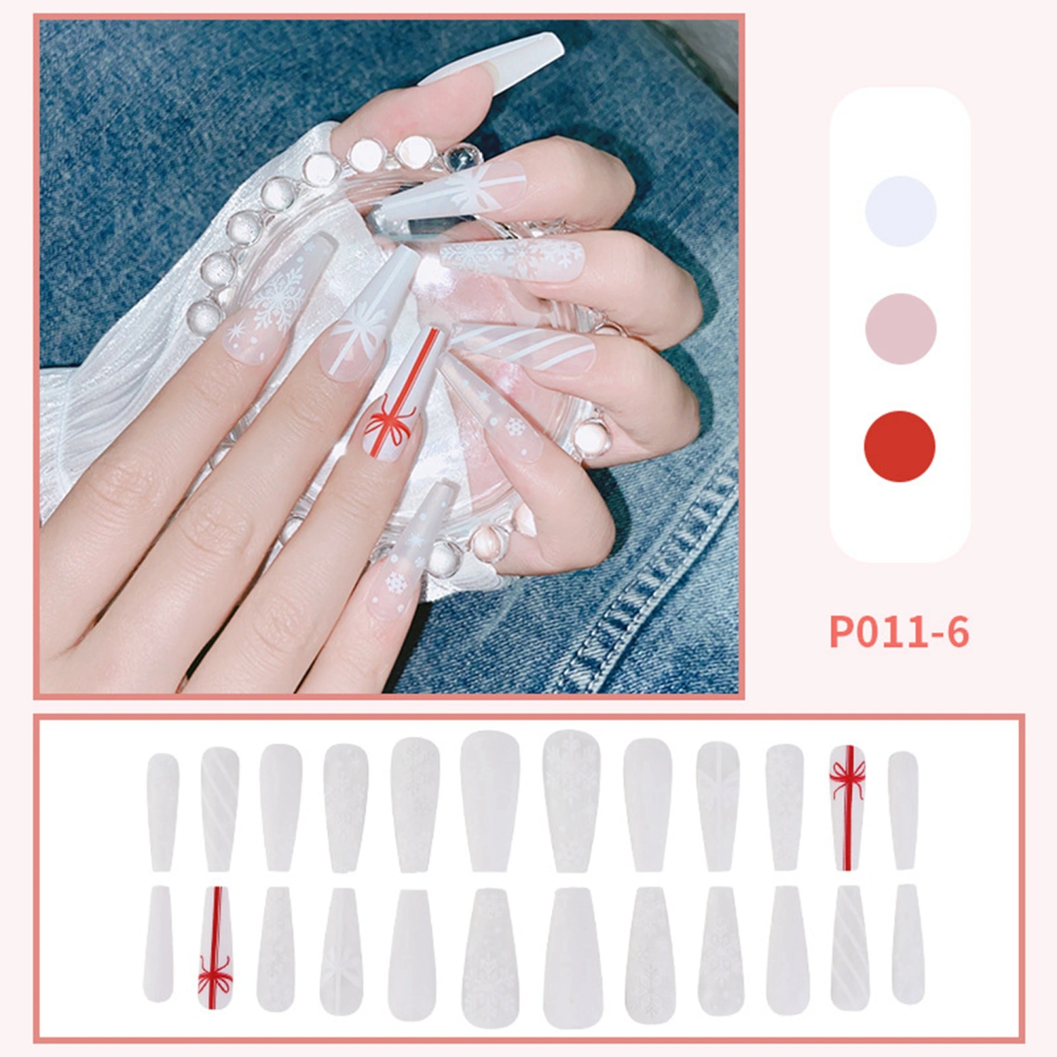 24 Pcs Christmas Press on Nails Cartoon Snowflake Print False Nails 