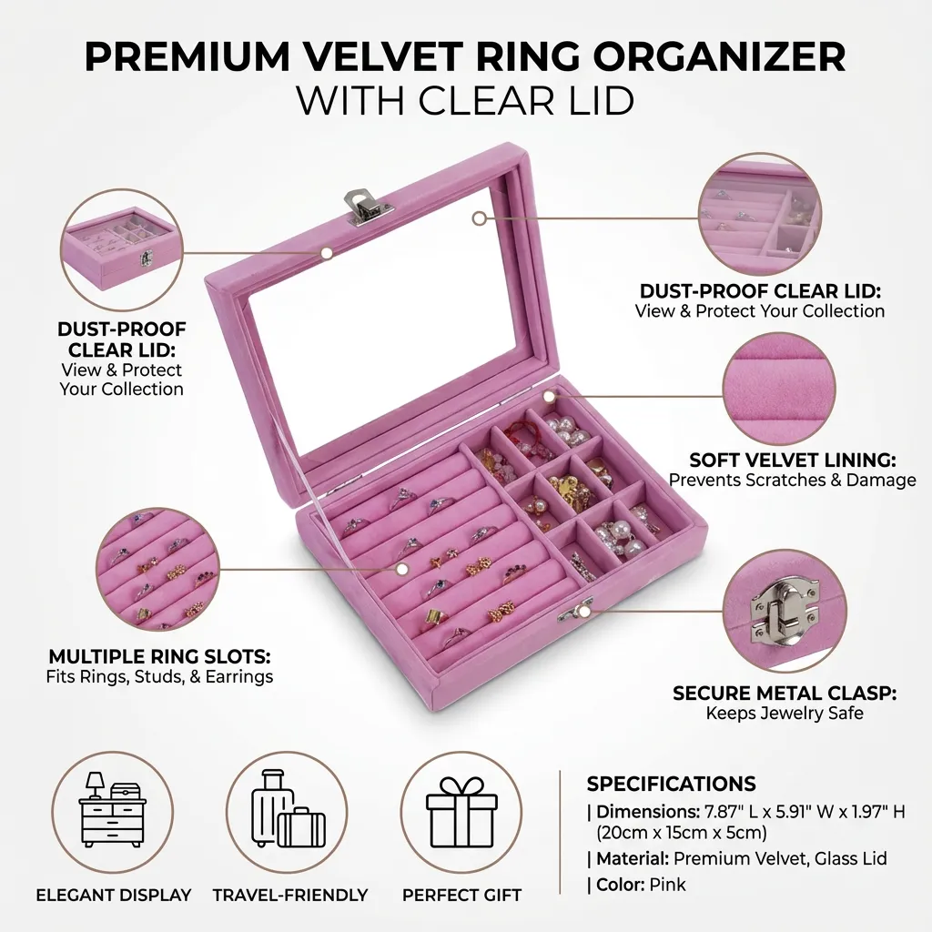 Ring Organizer for Jewelry, Velvet Rings Holder Box with Clear Lid