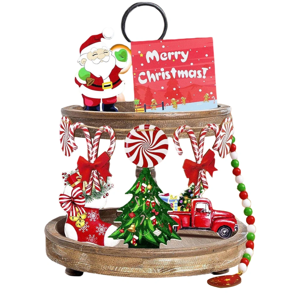 Christmas Tiered Tray Wooden Tabletop Candy Cane Santa Claus Decor