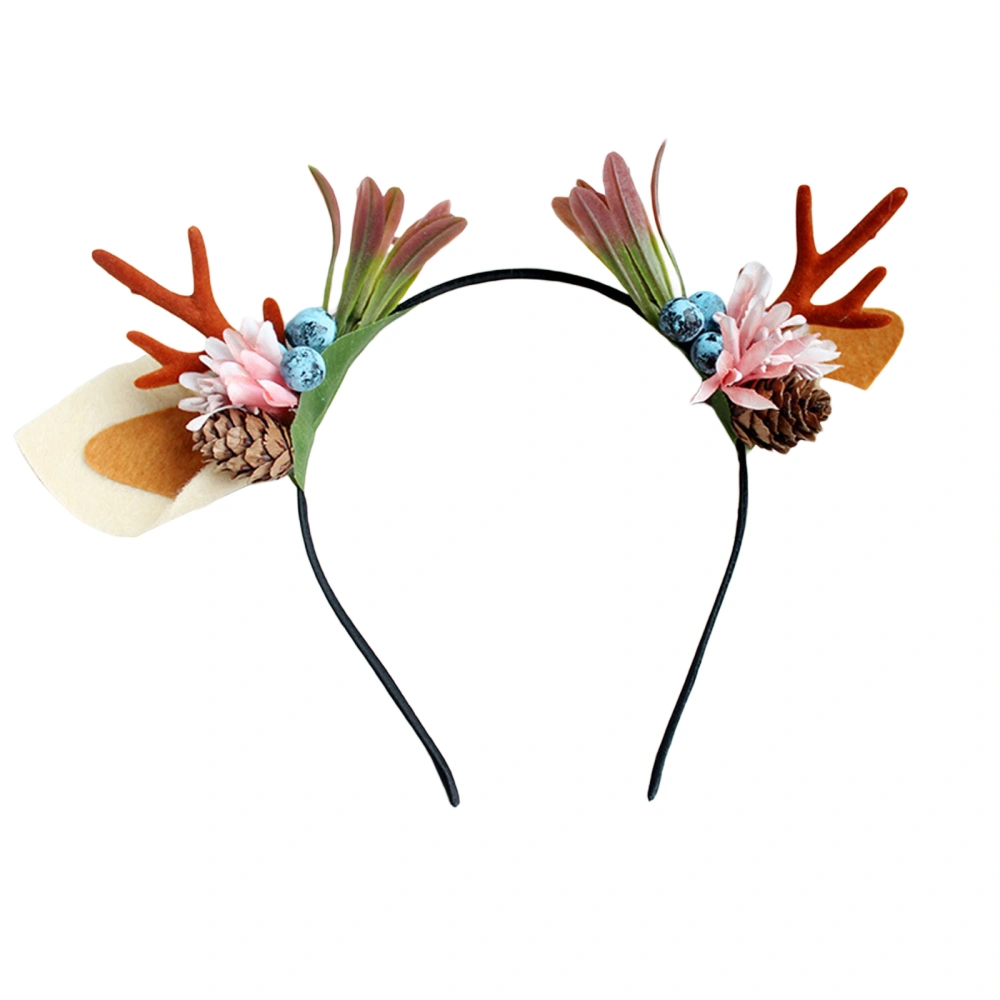 Christmas Reindeer Antlers Headband Deer Ears Flower Berry Hair Hoop