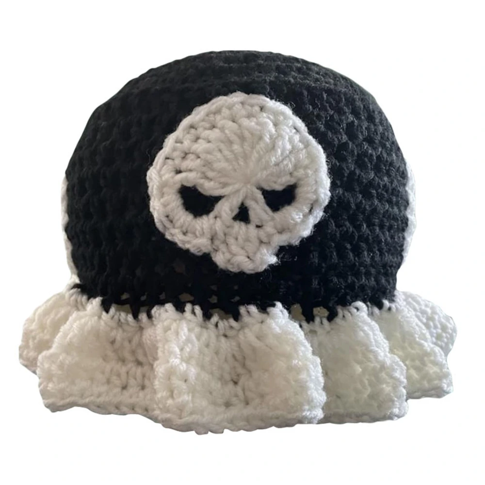 Skull Print Knitted Hat for Women, Hand Crocheted Fisherman Cap 