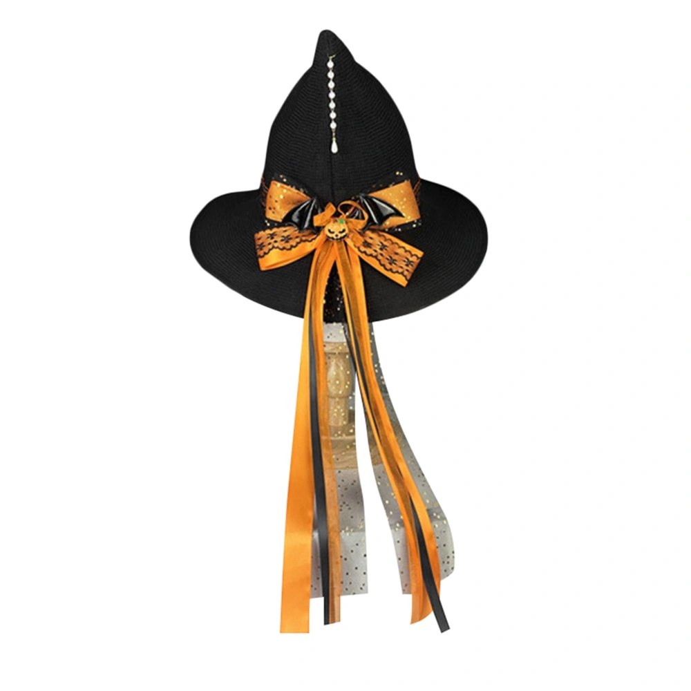 Women's Halloween Witch Hat Knit Magic Cap with Bow Decor Accessory