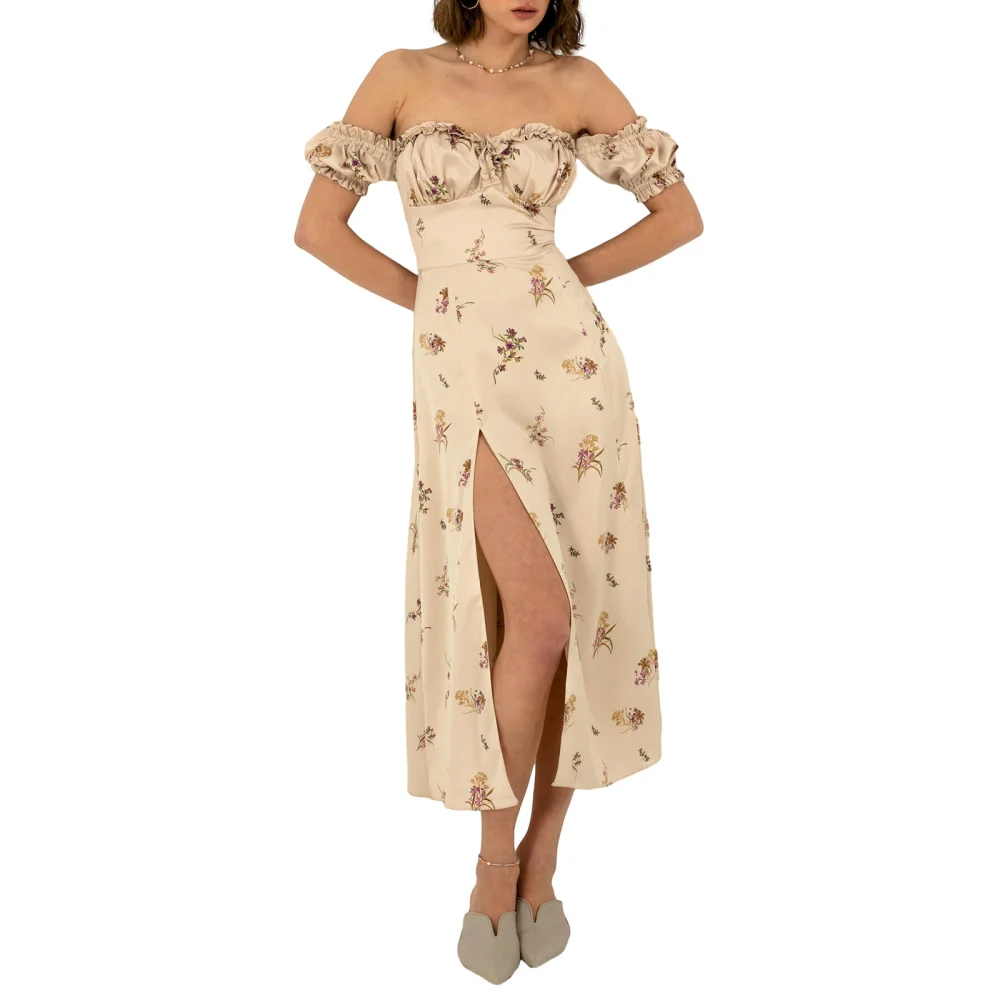 Women Long Dress, Off-shoulder Flower Print Summer Slit Dress