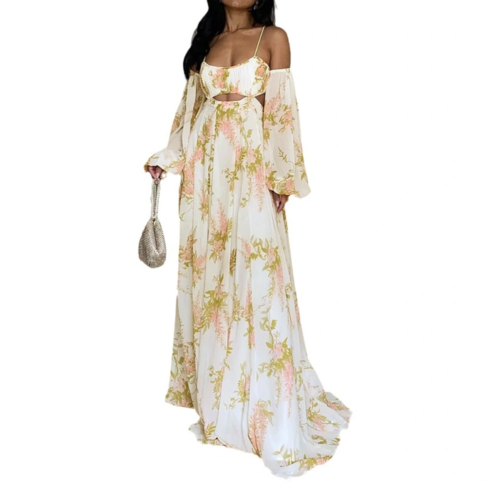 Women's Long Sleeve Off Shoulder Hollow Floral/Solid Color Party Dress