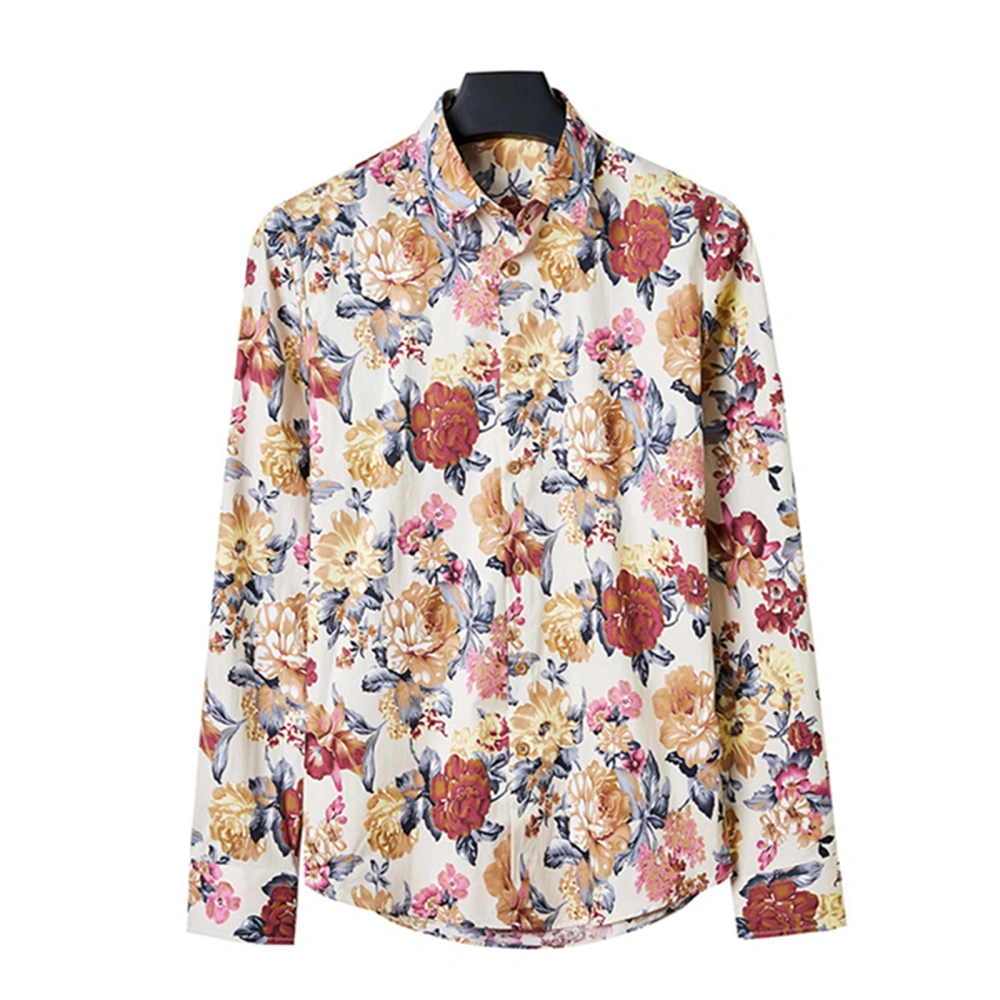 Men’s Shirt, Long Sleeve Turn-down Collar Flower/Leaves Print Tops