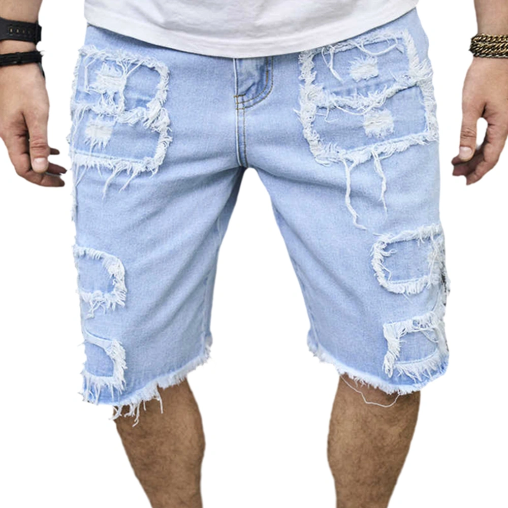 Men Ripped Denim Shorts Loose Raw Hem Beach Shorts with Pockets