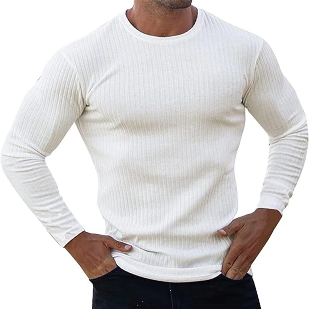 Men Long Sleeve Knit T-Shirts Solid Color Crew Neck Casual Tops