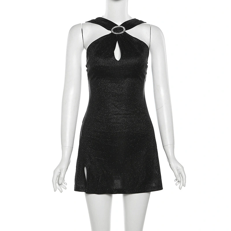 Women Mini Bodycon Dress Sequins Rhinestone Halter Neck Dress