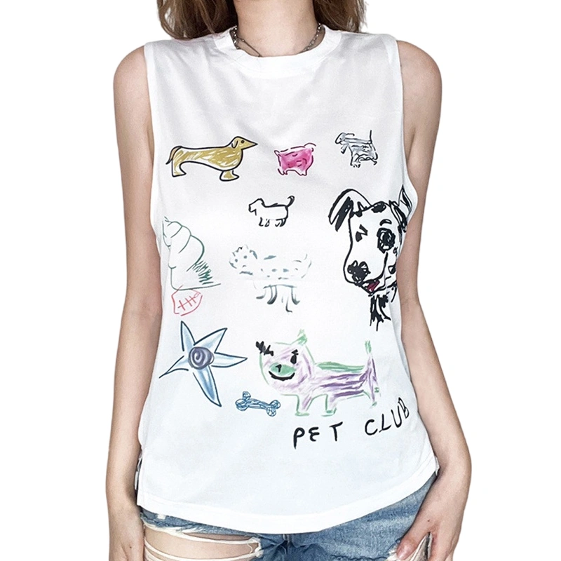 Women’s Loose Tank Tops Summer Sleeveless Cartoon Graffiti Tops