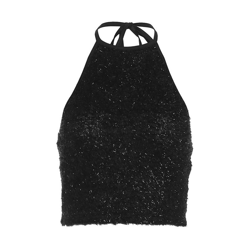 Women's Summer Black Sleeveless Backless Halter Neck Cropped Vest