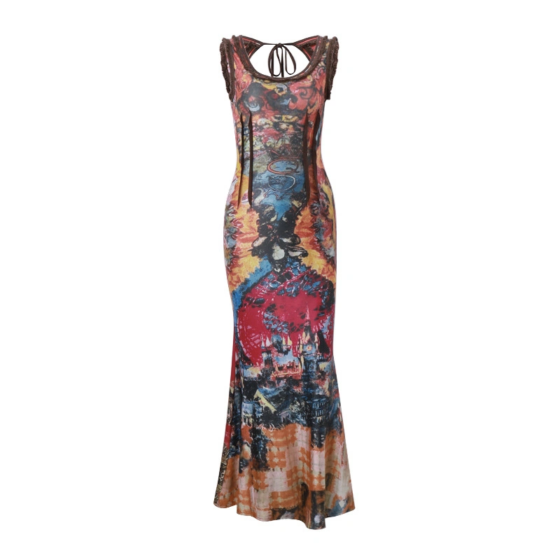 Women's Summer Sleeveless U Neck Tie Dye Print Tie Up Dresses