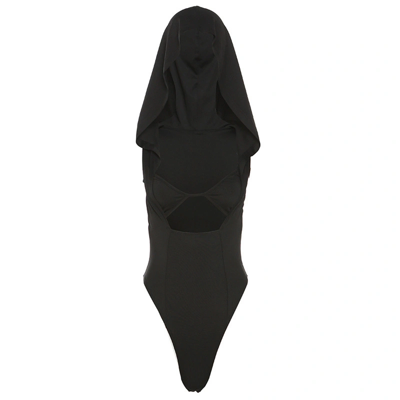 Women's Sleeveless Hood Bodysuit, Solid Cutout Front Triangle Jumpsuit