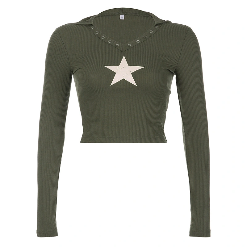 Women's Hooded Crop Tops Long Sleeve V Neck Star Graphic T-Shirts