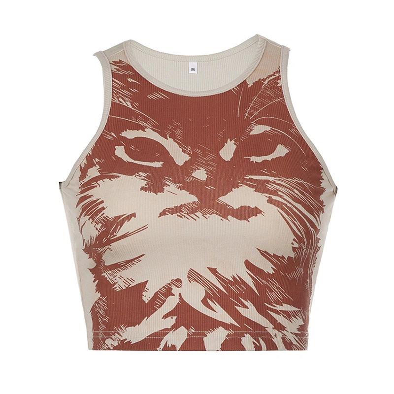 Women Ribbed Tank Tops Grunge Cat Print Round Neck Crop Tops