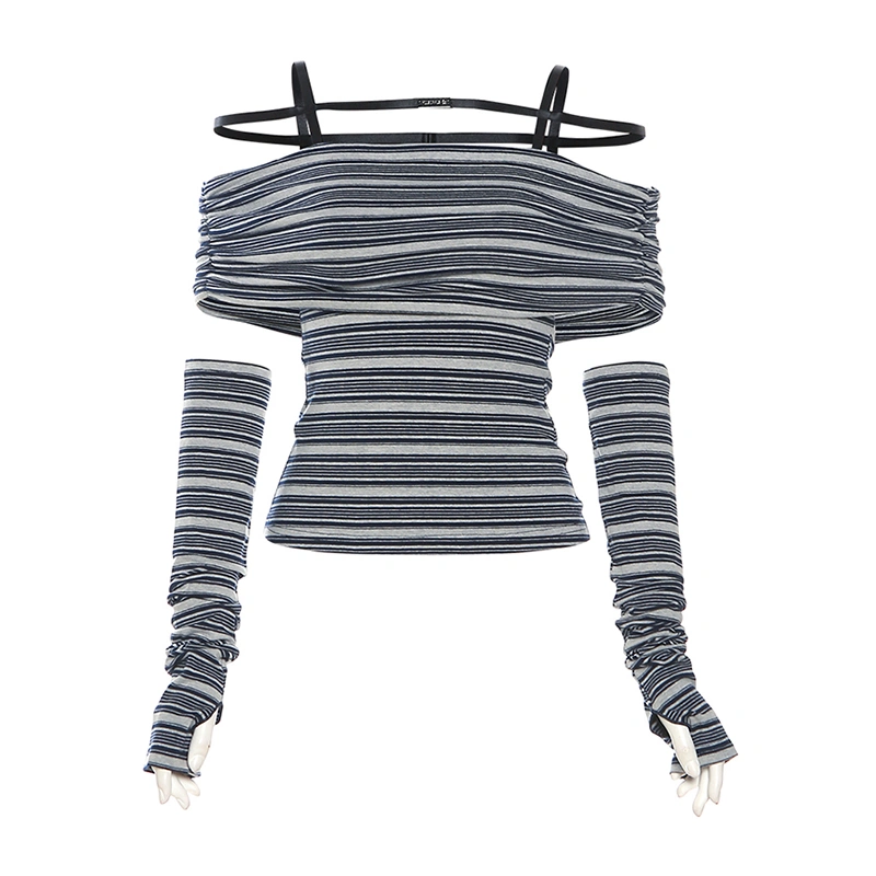 Women T-shirt, Short Sleeve Off-shoulder Striped Tops with Oversleeves