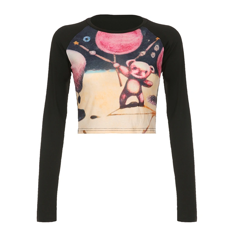 Women Crop Basic Tops Cute Bear Print Long Sleeve Shirt Pullovers 