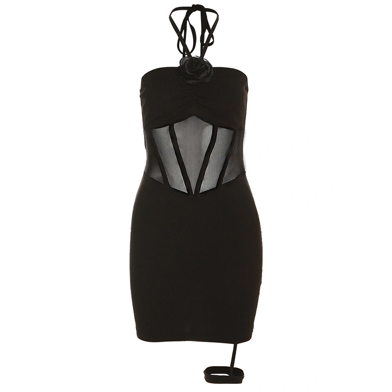 Women Bodycon Dress, Tie-up Halterneck Backless See-through Mini Dress