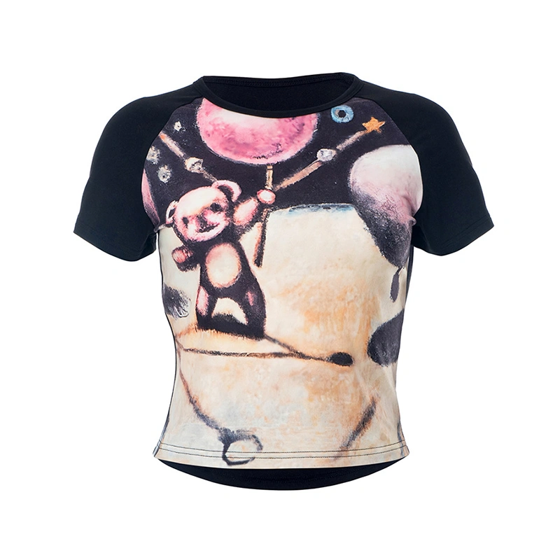 Women's Summer Baby Tee Cartoon Bear Print Short Sleeve Crop Tops