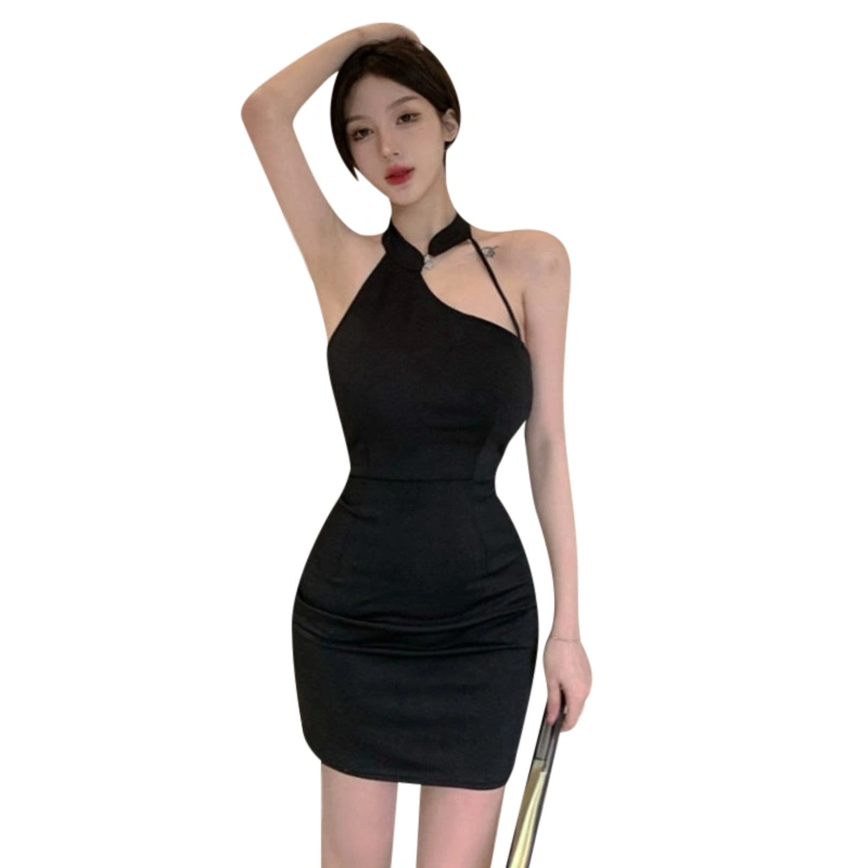 Women Cheongsam Sleeveless Dress Cutout Halter Neck Party Mini Dress 