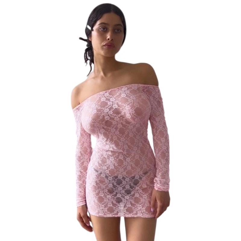 Women's Summer Long Sleeve Off Shoulder Sheer Lace Party Dress