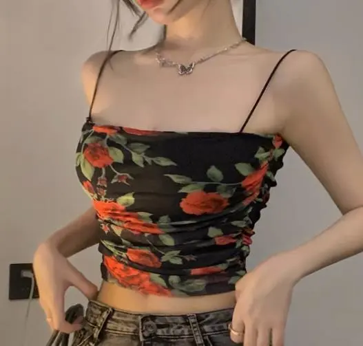 Women's Cami Tops Vintage Spaghetti Strap Rose Print Camisole Shirts