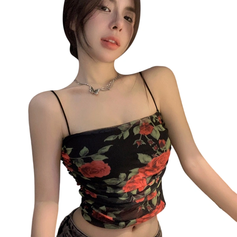 Women's Cami Tops Vintage Spaghetti Strap Rose Print Camisole Shirts