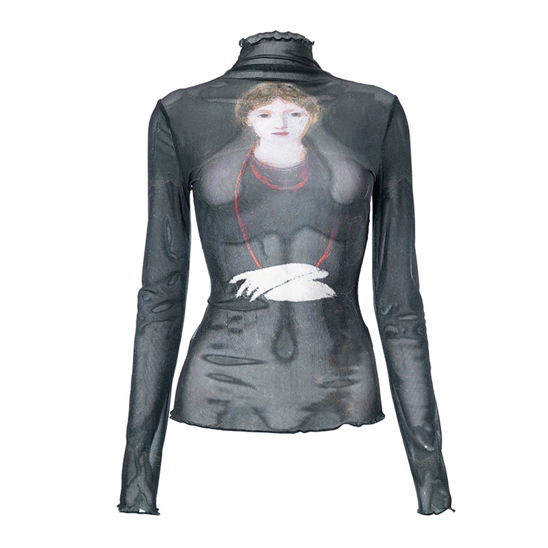 Women's Spring Long Sleeve High Neck Portrait Print Slim Fit T-shirts