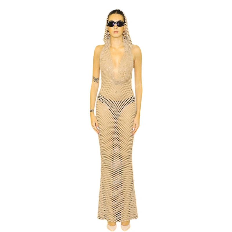 Women Long Bodycon Dress Hollow-Out Mesh See-Through Beach Dress