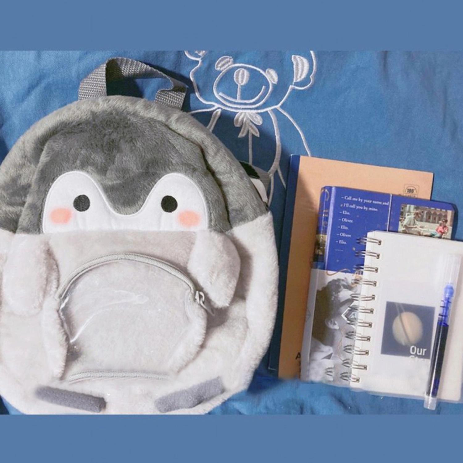Girls Backpack, Cartoon Penguin Zip Closure Plush Bag with Pendant