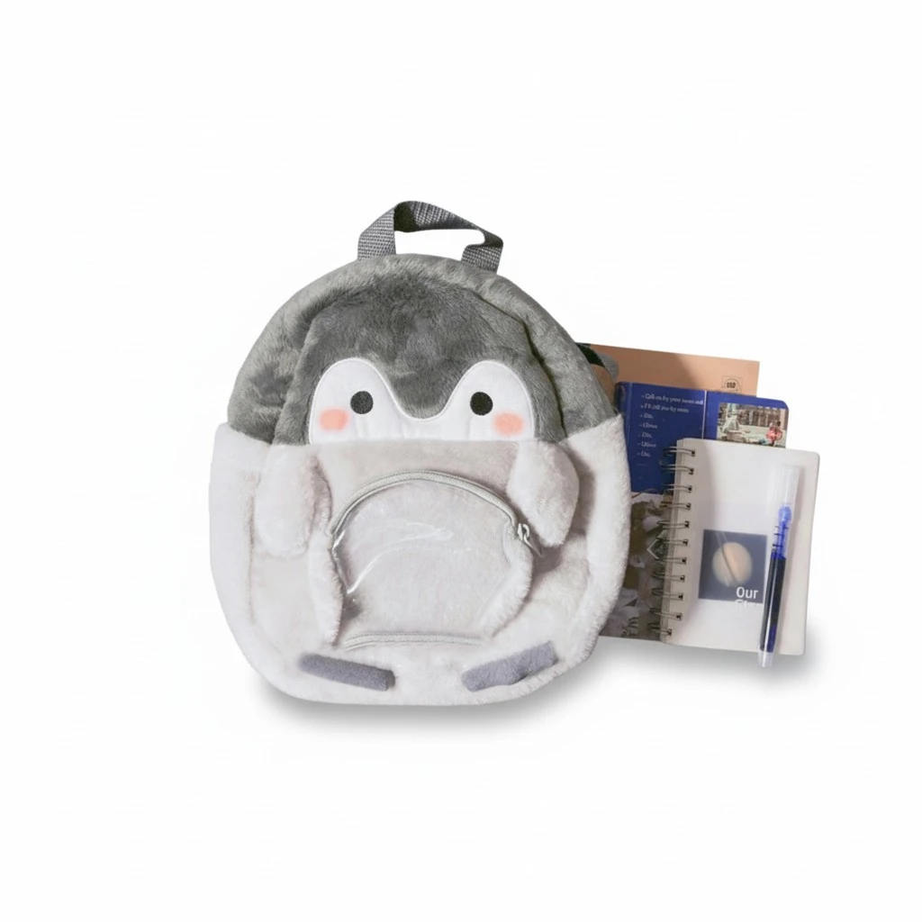 Girls Backpack, Cartoon Penguin Zip Closure Plush Bag with Pendant