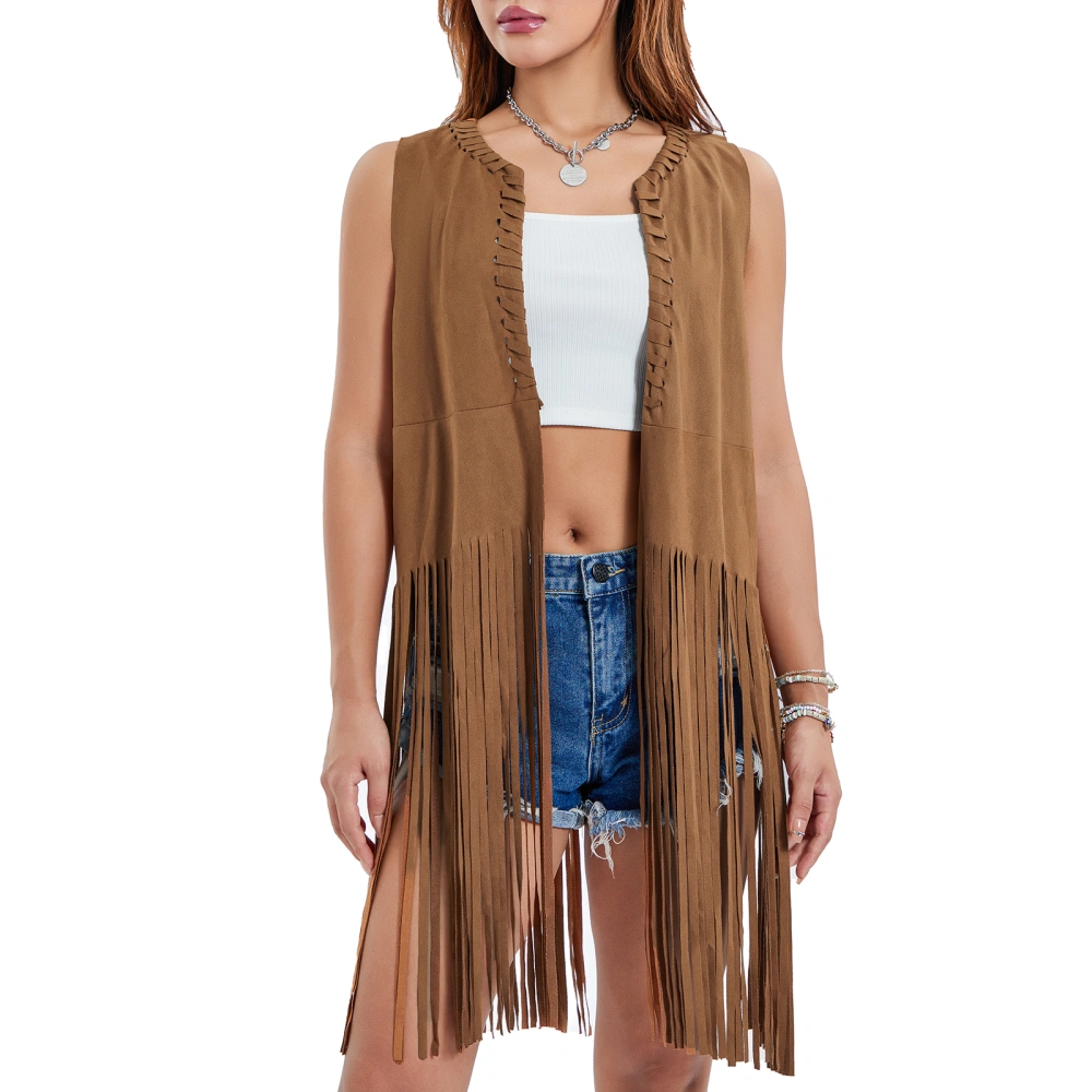 Women Fringe Vest Coat Faux Suede Tassels Open-Front Vest Cardigan