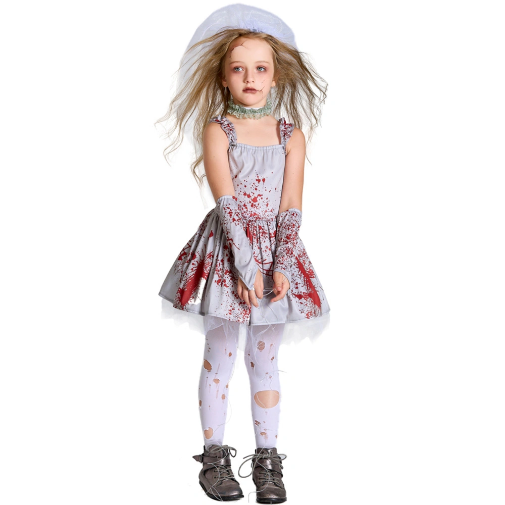 Zombie Bride Costume for Girls Halloween Sleeveless Bloody Dress Set