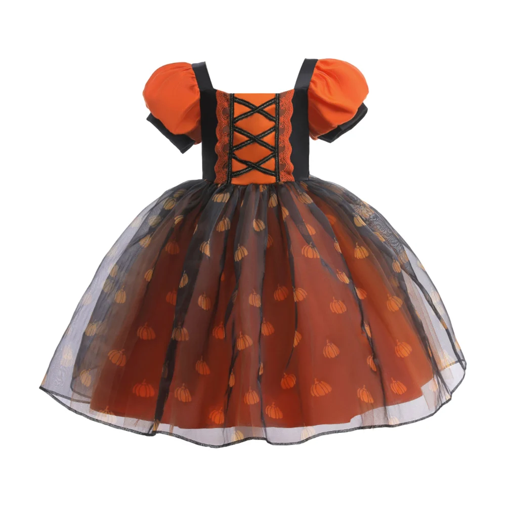 Toddler Witch Costume Set Girls Pumpkin Print Tulle Dress Bag Sets