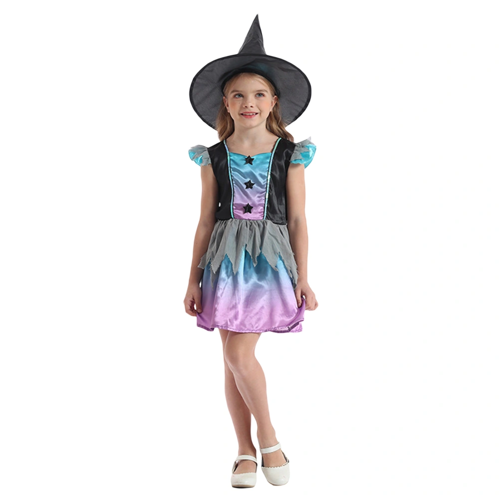 Girls Halloween Costume, Fly Sleeve Gradient Color Dress Witch Hat