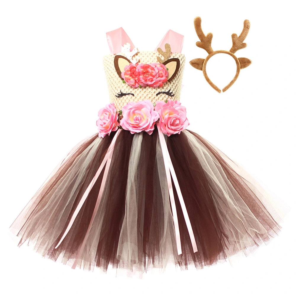 Baby Christmas Costume Flowers Mesh Tulle Dress with Antler Headband