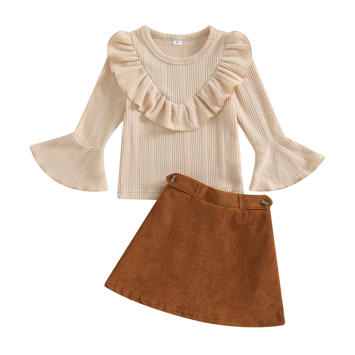 Kids Girl Fall Outfits Solid Color Ribbed Tops and Corduroy Skirts