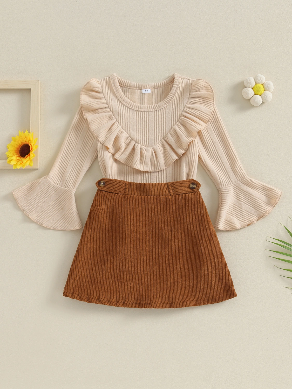 Kids Girl Fall Outfits Solid Color Ribbed Tops and Corduroy Skirts