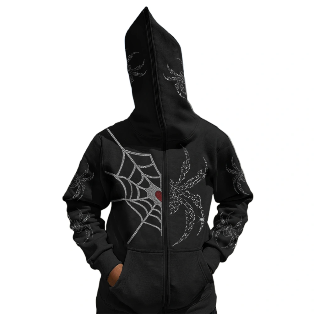 Women Grunge Rhinestone Spider Web Print Zipped Loose Hoodies