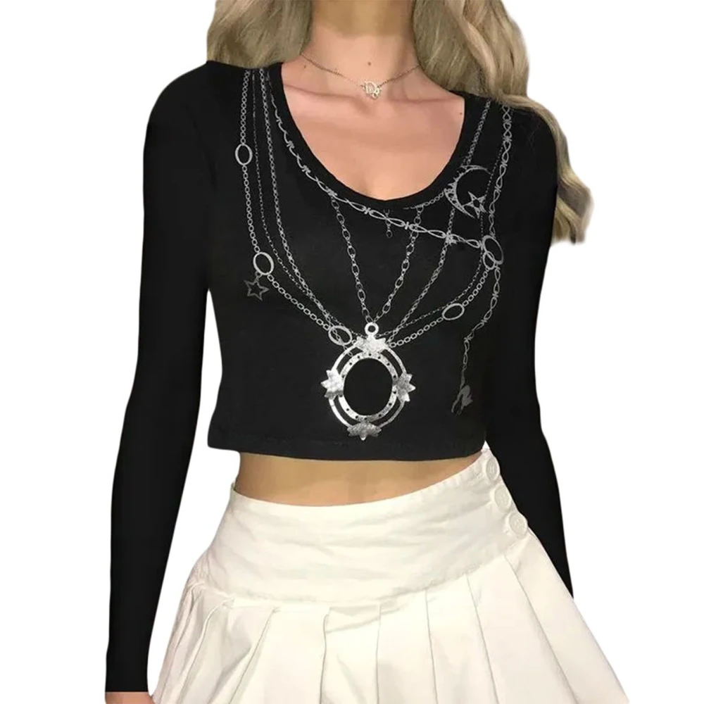 Women T-shirt, Long Sleeve U Neck Chain Print Ladies Crop Top