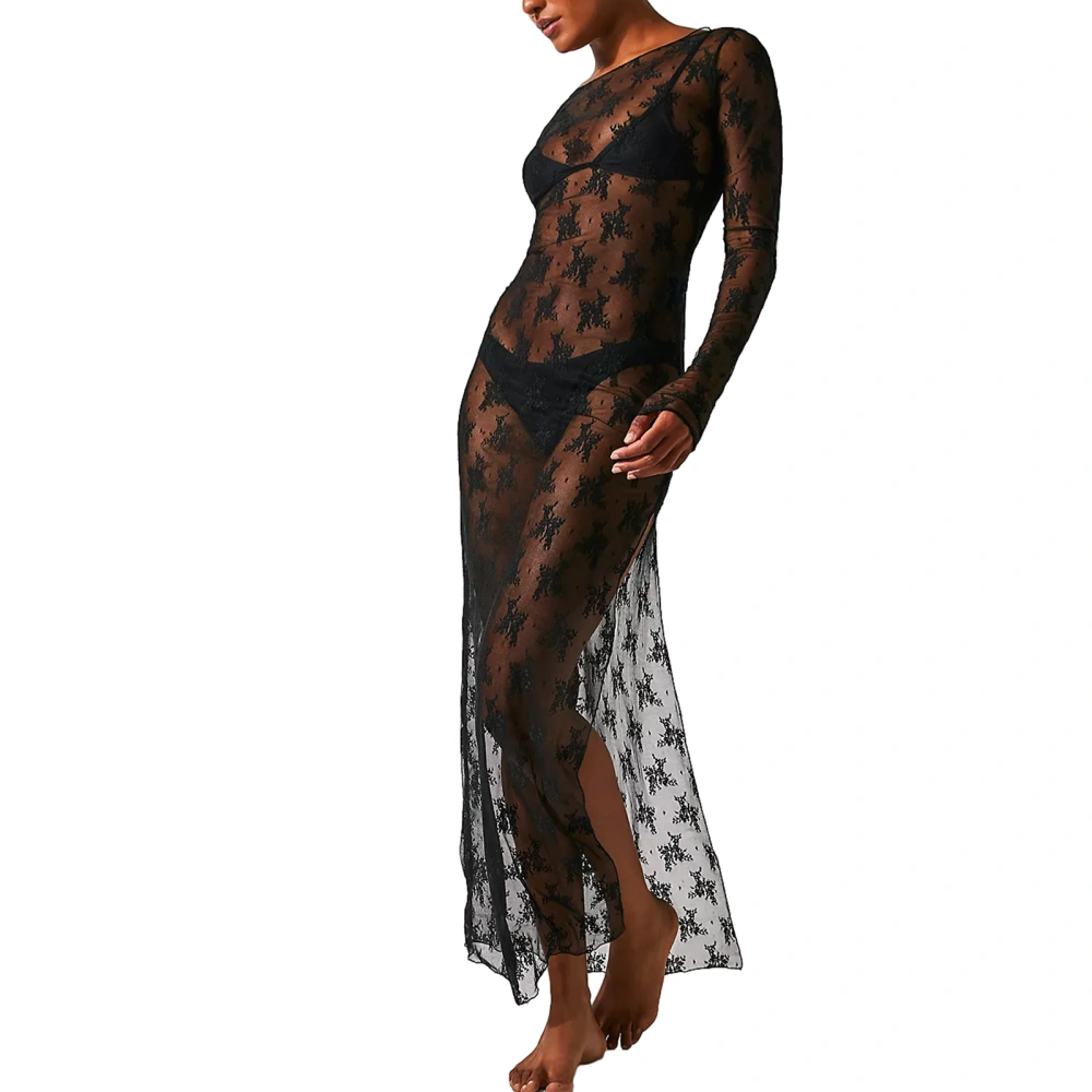 Women’s See-Through Lace Dress, Long Sleeve Slit Hem Dress Chemise