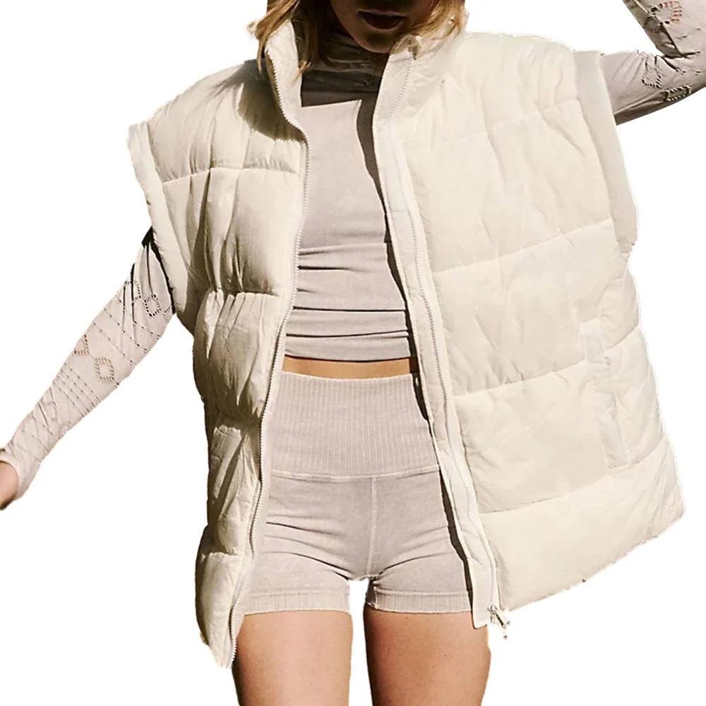 Women Puffy Vest Solid Color Sleeveless down Jacket Zipper Cardigan 