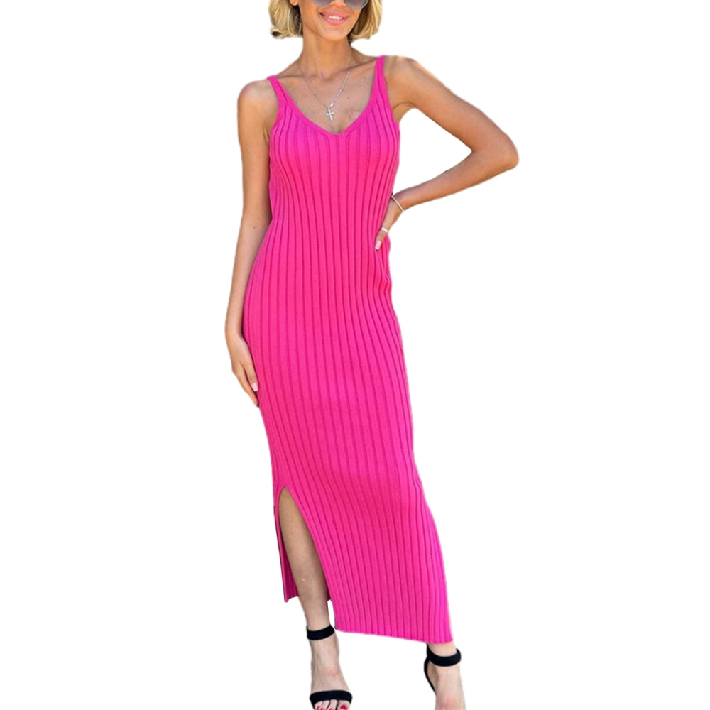 Women's Sleeveless Knitting Dress, Solid V-Neck Slit Midi Dress