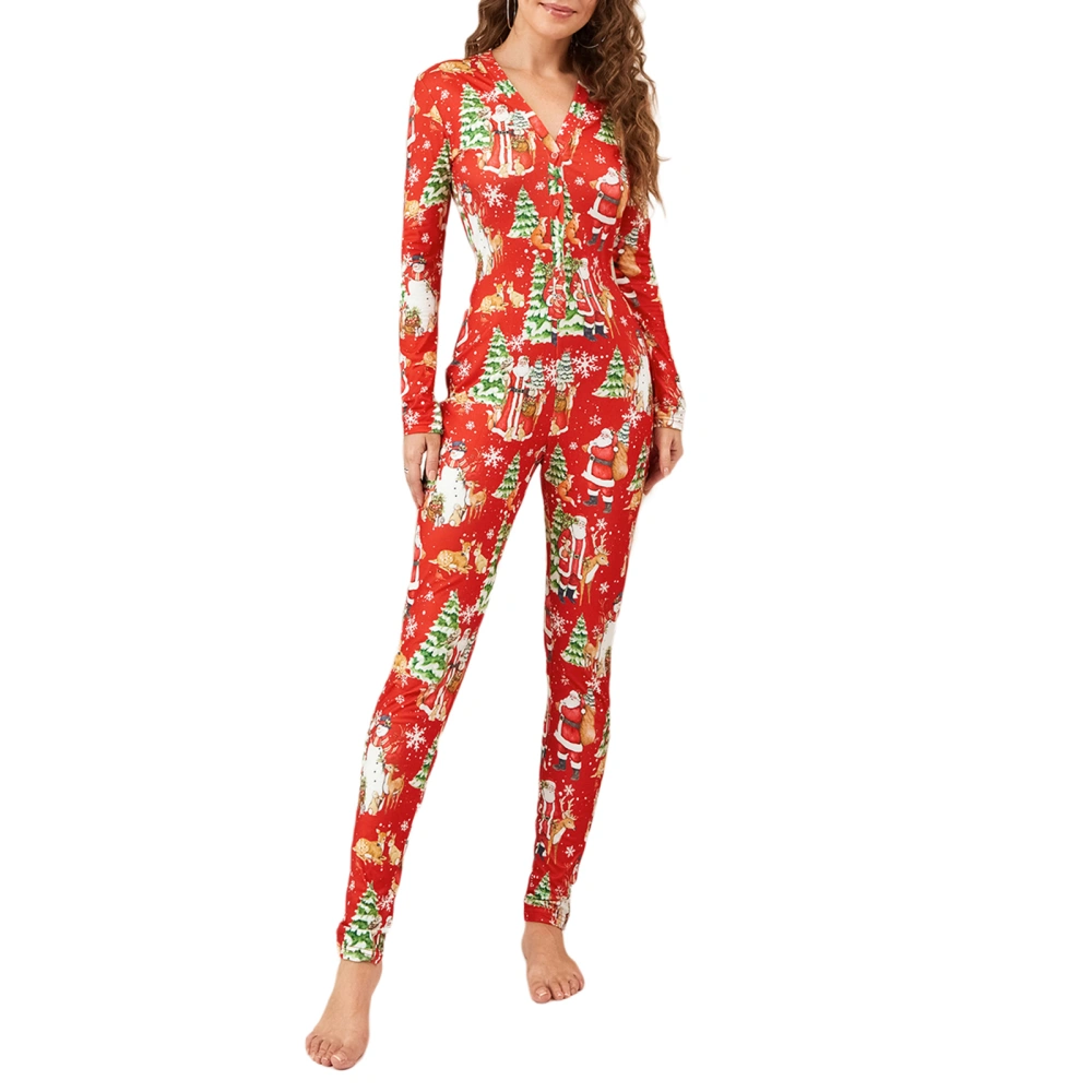 Women's Christmas Pajamas Romper Long Sleeve Button Down Jumpsuit