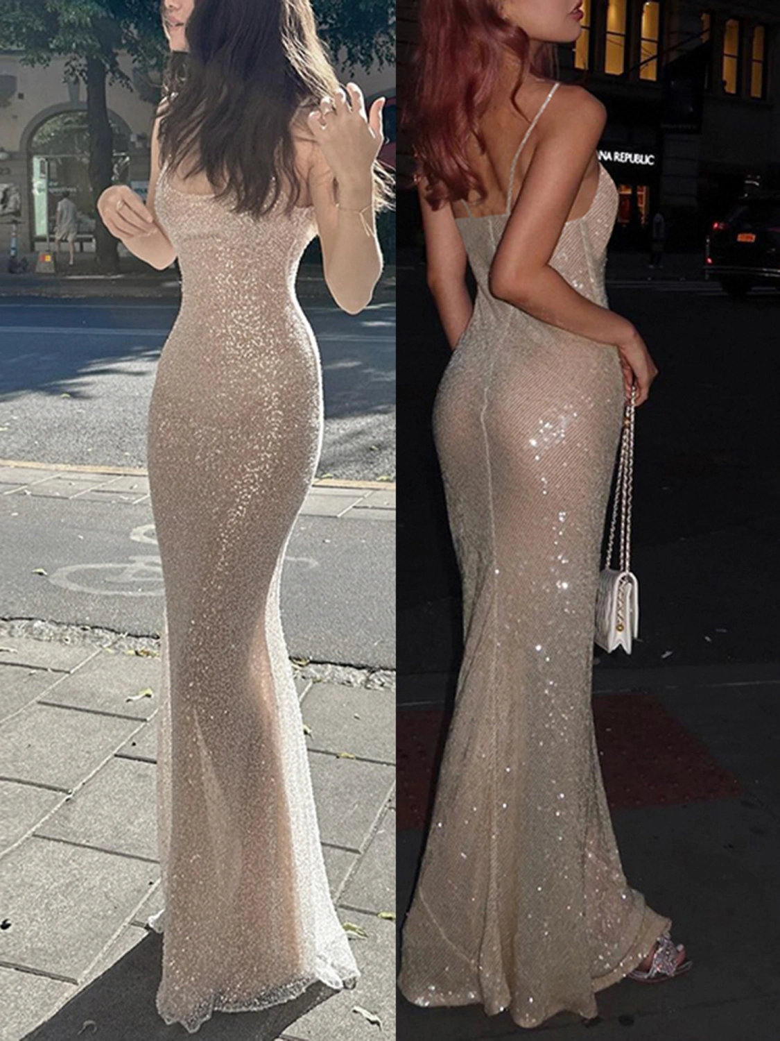 Women Long Dress Elegant Sparkly Spaghetti Strap Bodycon Dress