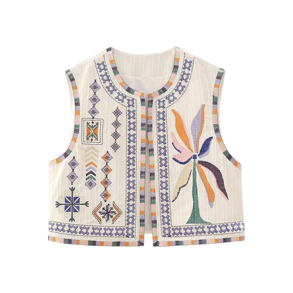 Women Vintage Embroidery Vest Grunge Sleeveless Round Neck Jackets