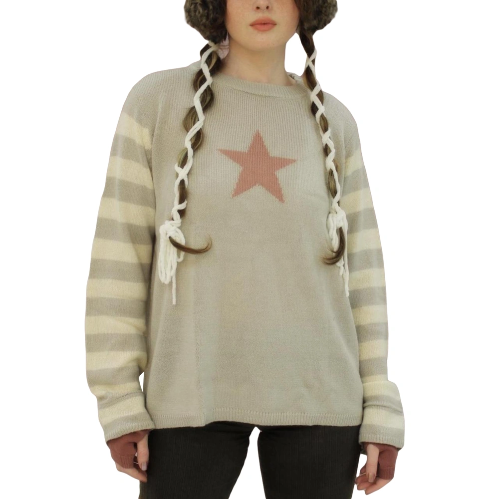 Women Knit Sweater Striped Long Sleeve Crew Neck Star/Heart Pullover