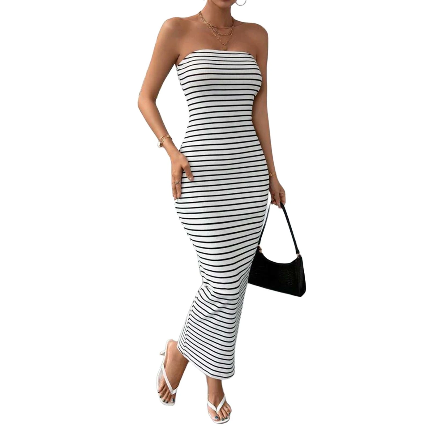 Women Tube Dress, Strapless Backless Striped Dress Slim Fit Long Dress